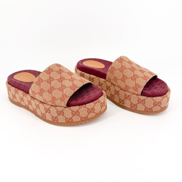 Gucci Angelina Beige GG Logo Canvas Platform Slide Sandals Size 38 US 8 Women's - Picture 1 of 15